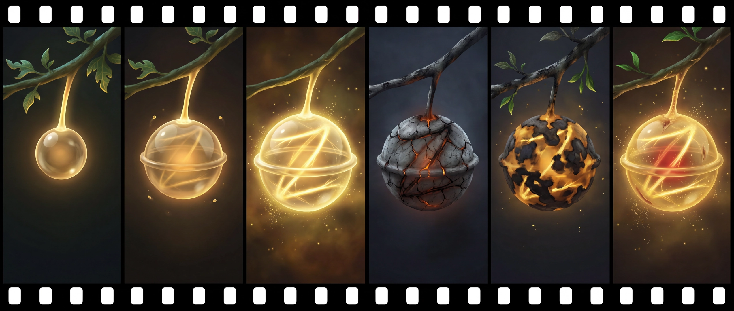The fruit life-stages film strip — six frames showing the ZARO token rendered as universe imagery: birth (small translucent droplet), growth (light forming inside), maturity (full Z-banded glow), burning (charred and cracked with molten heat, the branch beside it dead), recovery (golden light fighting back through the burnt crust, leaves regrowing on the branch), and transformation (recovered fruit with red light bands woven through the gold, the branch fully verdant again). The visual chronology of the project's first year, rendered in the universe's own language.