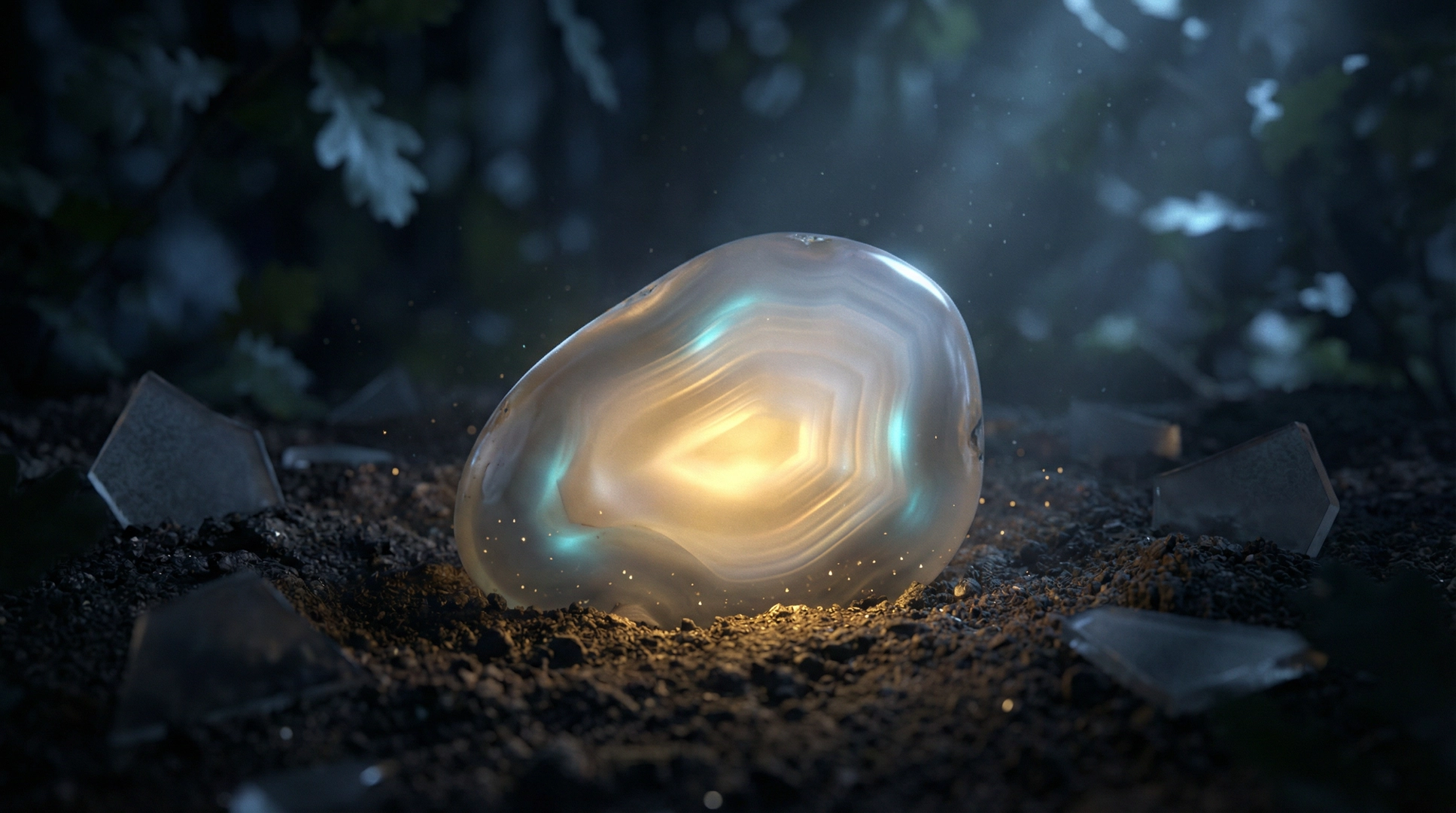 The Seed Core — a smooth, layered, geode-like stone with concentric internal banding (yellow at the core, fading to cyan at the edges), sitting in dark earth surrounded by shards of broken material from the crash that brought it. The visual analog to the renounced ZARO contract.