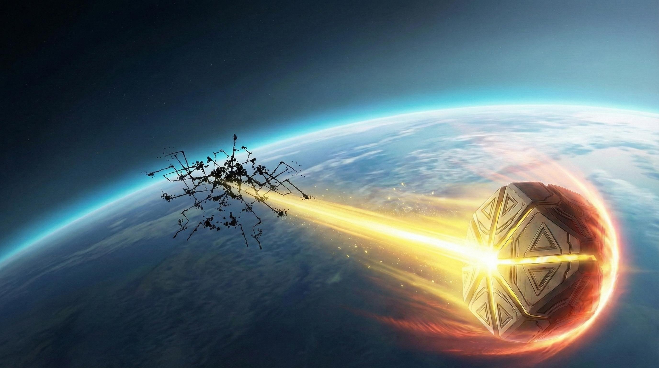 The Seed Core entering Earth's atmosphere in a blaze of golden fire