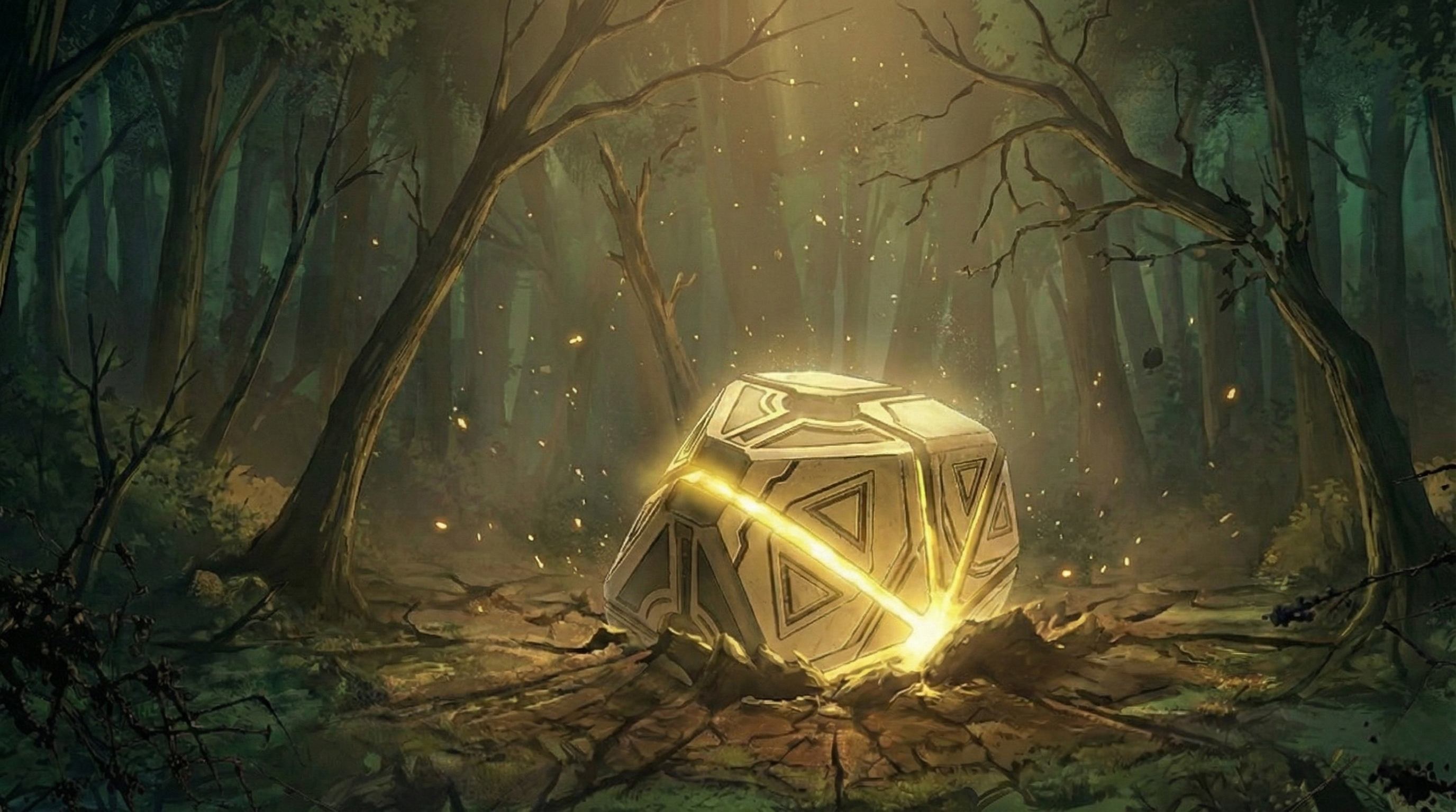 The Seed Core resting quietly in a misty forest, glowing softly